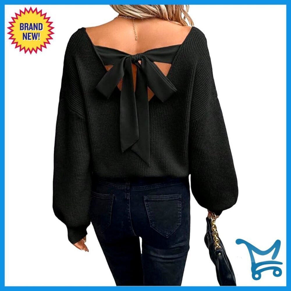 Backless Bow Tie Pullover Sweater Long Lantern Sleeves Elegant Chic Fall Winter
